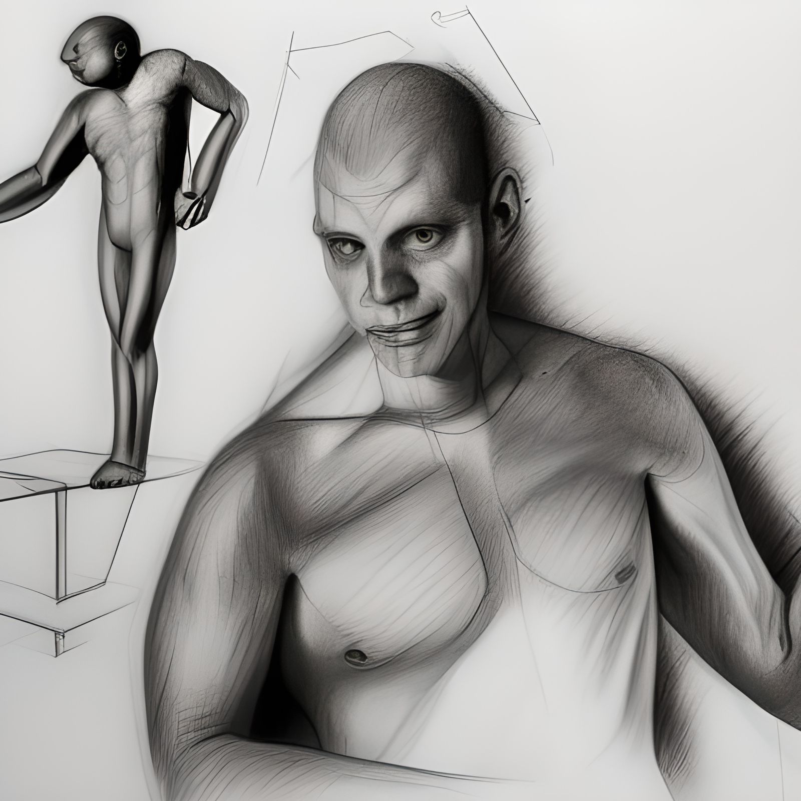 Man with vegetables-for-limbs deformities pencil and charcoal character study life drawing