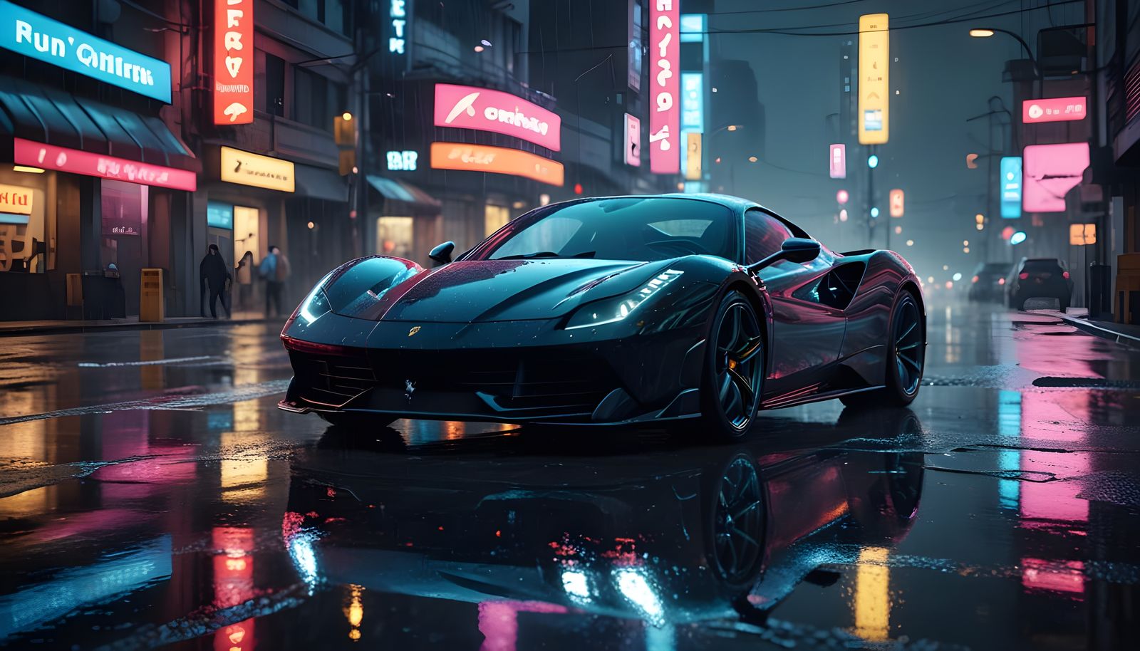 Sleek Black Ferrari Races Through Neon Futuristic City