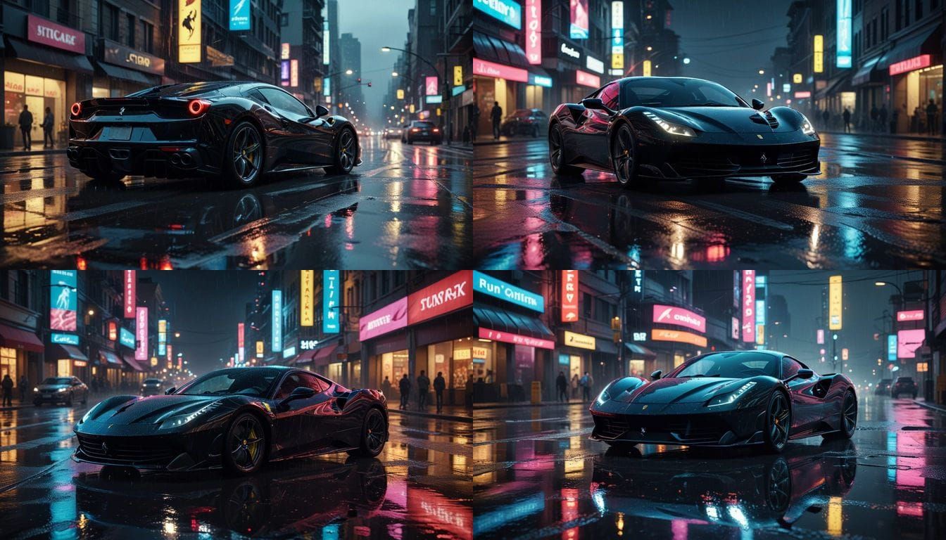 Sleek Black Ferrari Races Through Neon Cyberpunk City Street...