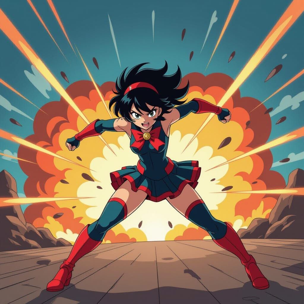 Anime Battle Scene with Explosions and Dramatic Lighting