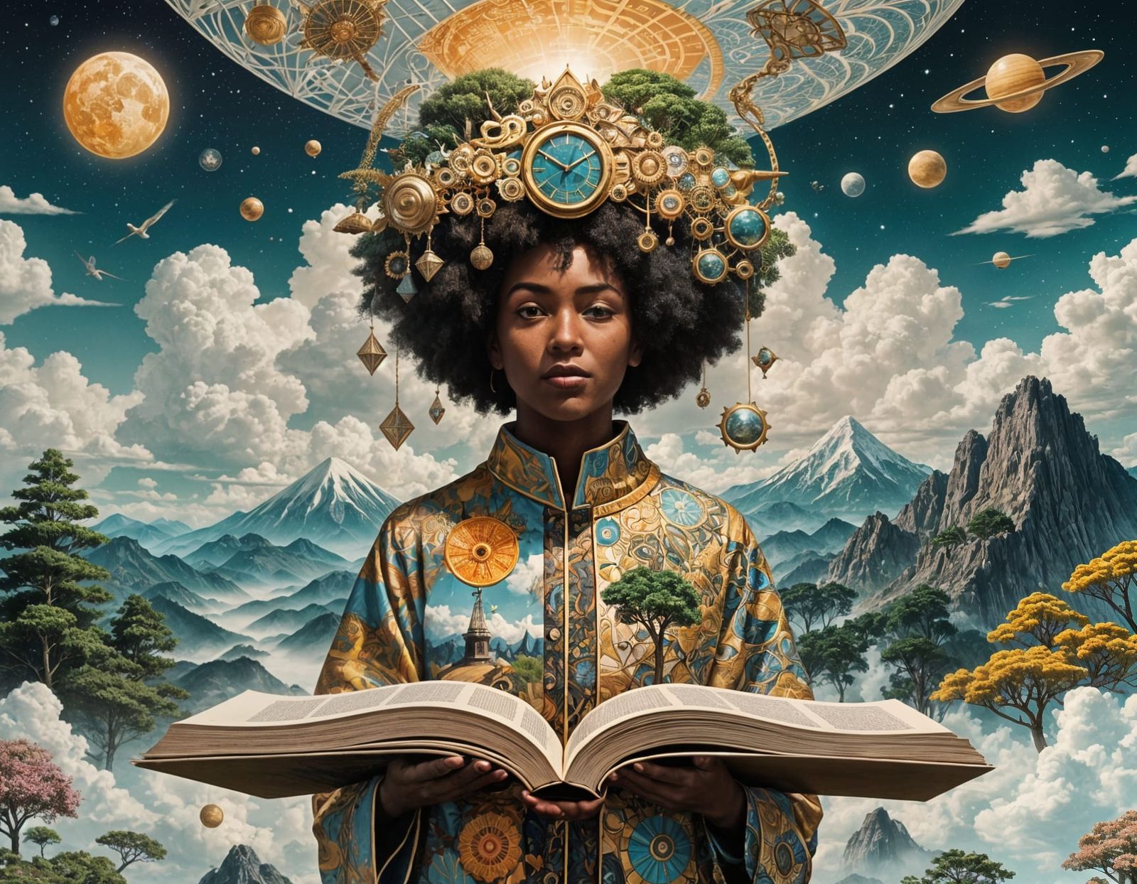 Afrofuturistic Figure on Floating Book in Surreal Sky