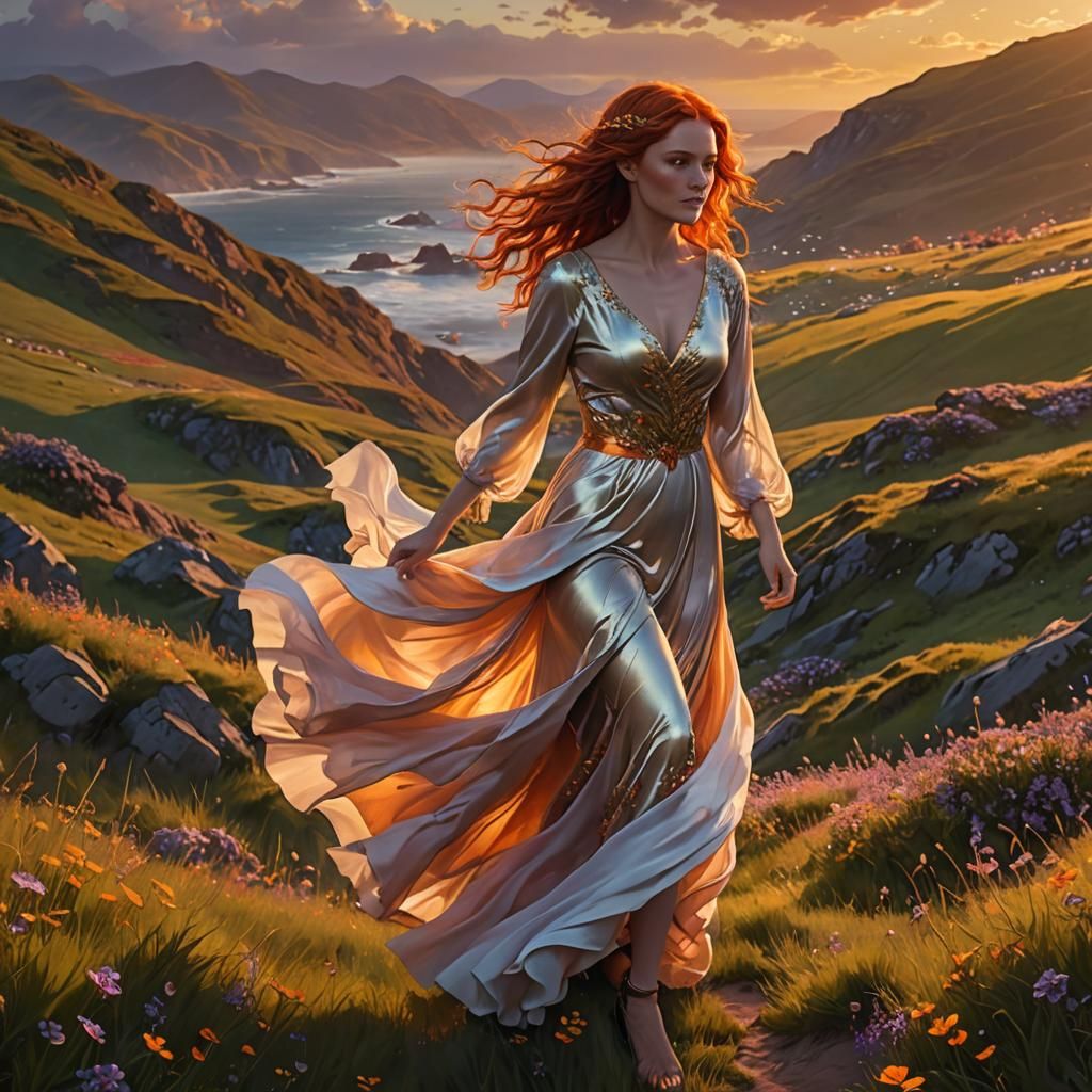 Woman with Red Hair Admiring Sunset View