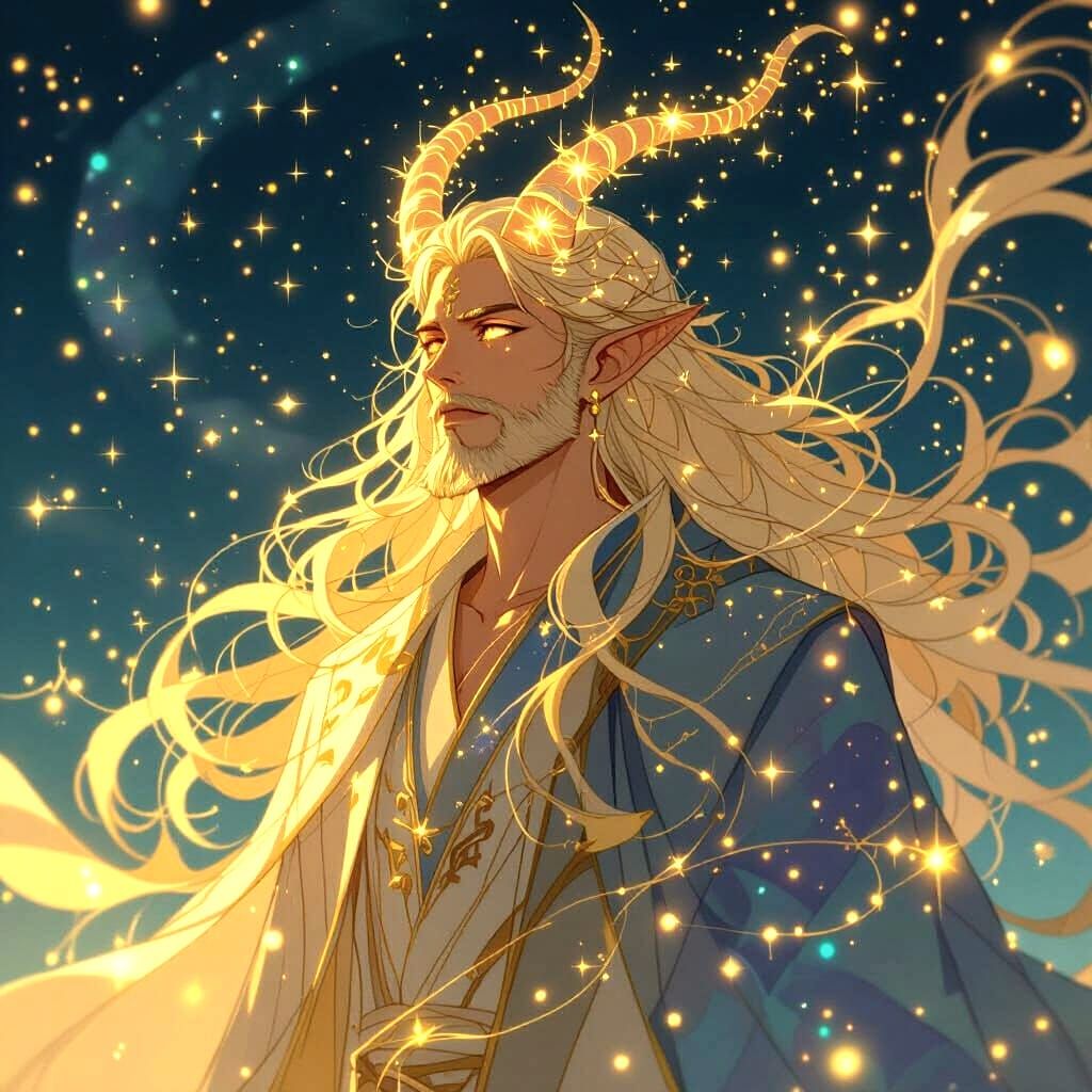 Celestial Father with Stardust Hair and Cosmic Horns