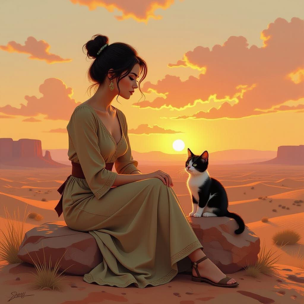 Elegant Lady with Kitten at Desert Sunset