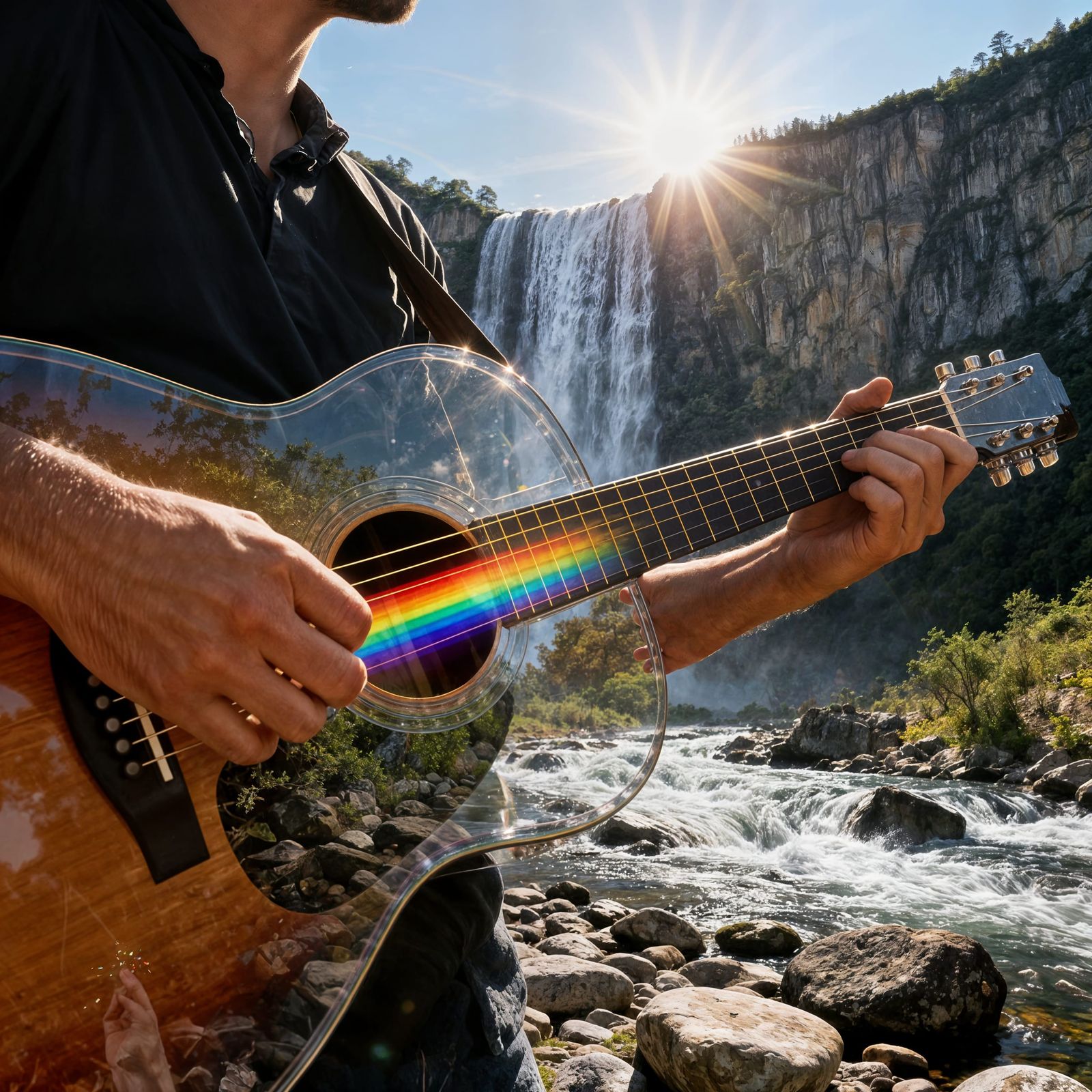 Hands Play Guitar Merging With Waterfall Landscape