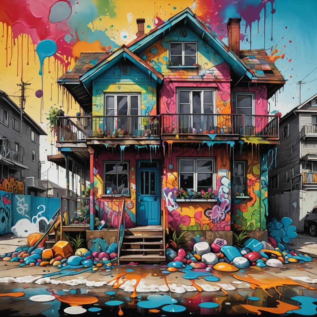 Colorful Graffiti Beach House in Splash Art Style