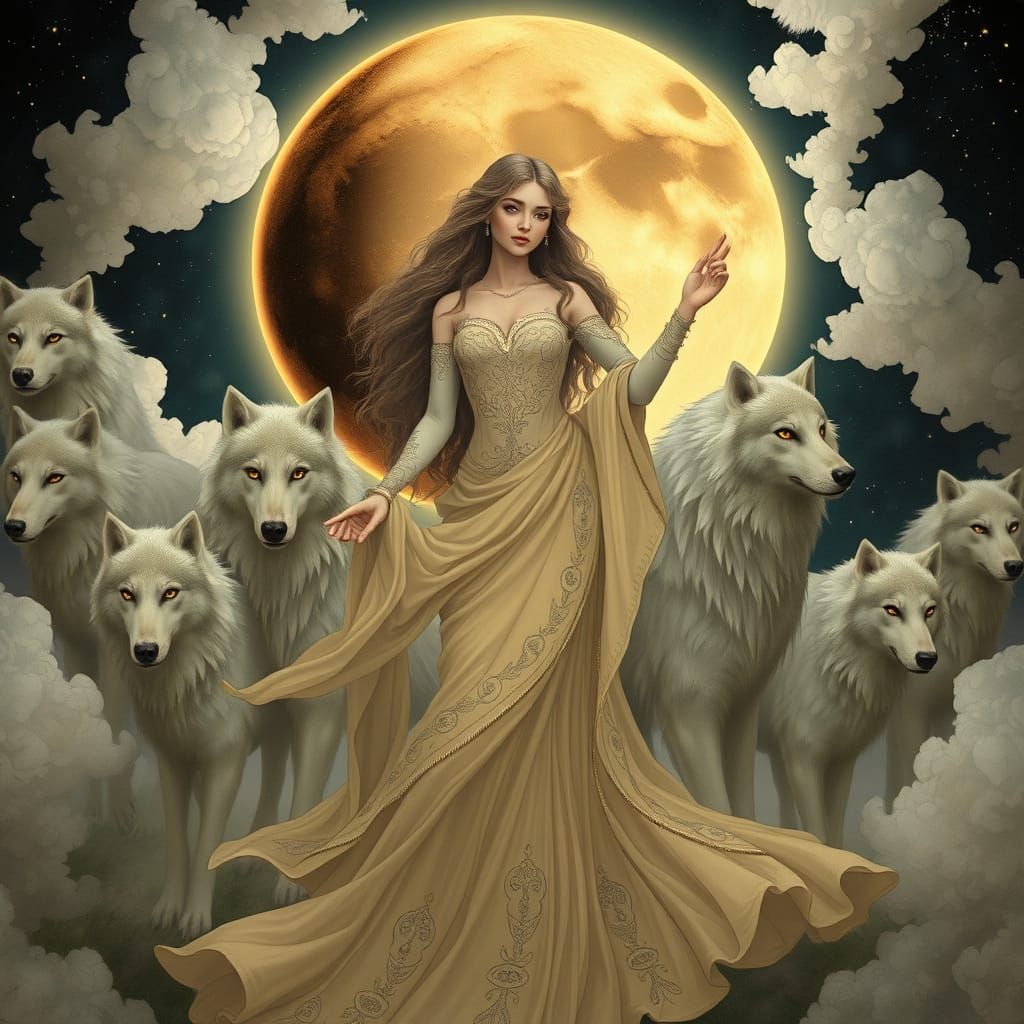 Lunar Goddess Surrounded by Wolves in Gustav Klimt's Art Nou...