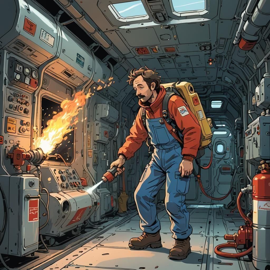 Full body profile.....Frank Newham the failing luxury spaceship mechanic. 36 years old, tired, stressed. Working.. actio...