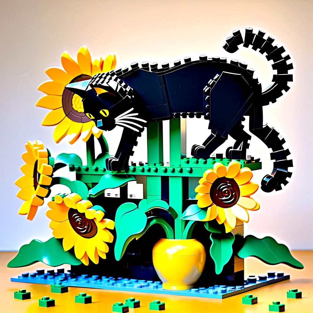Whimsical Lego Cat Knocks Over Van Gogh Sunflowers