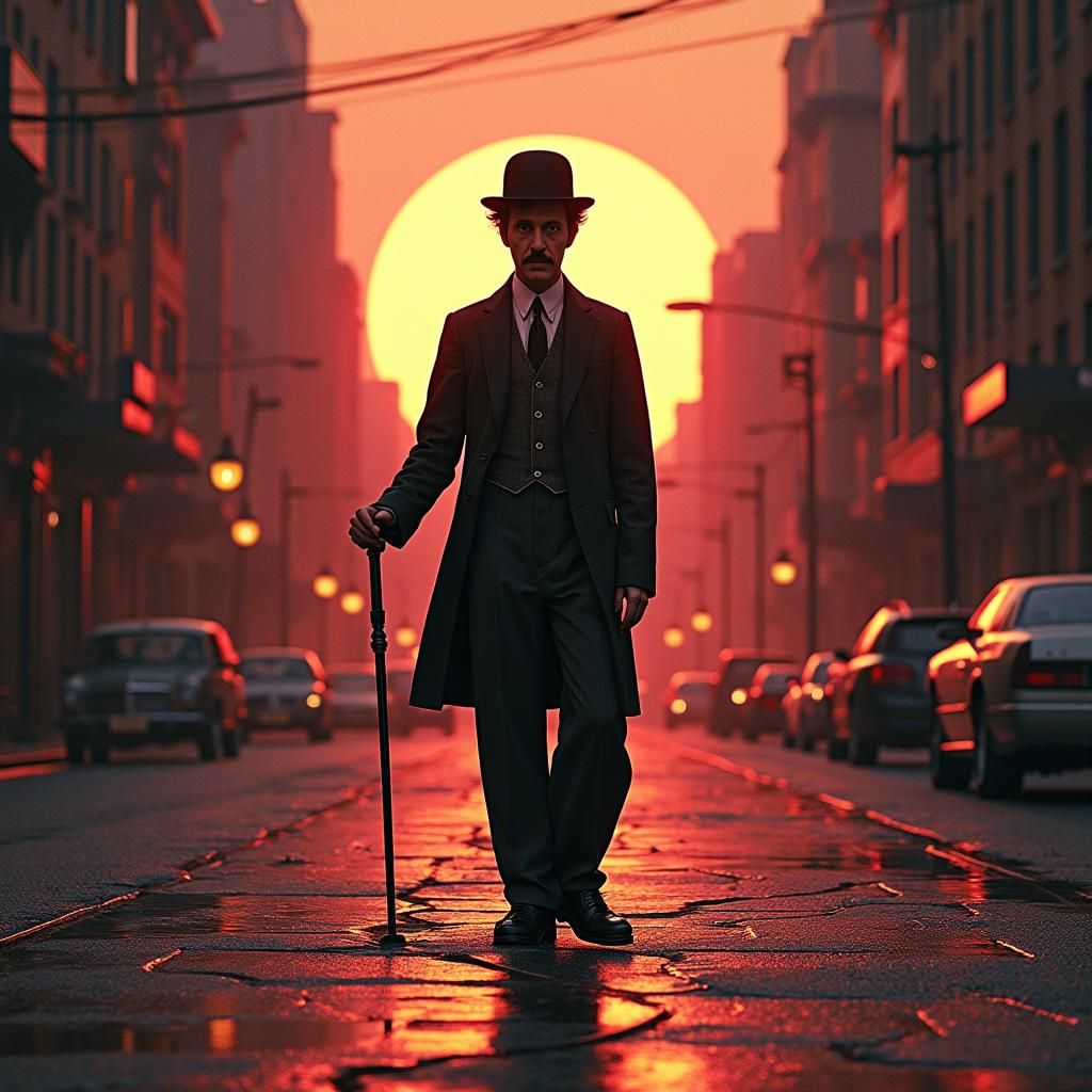 Charlie Chaplin in a Cyberpunk-Inspired Vintage Cityscape