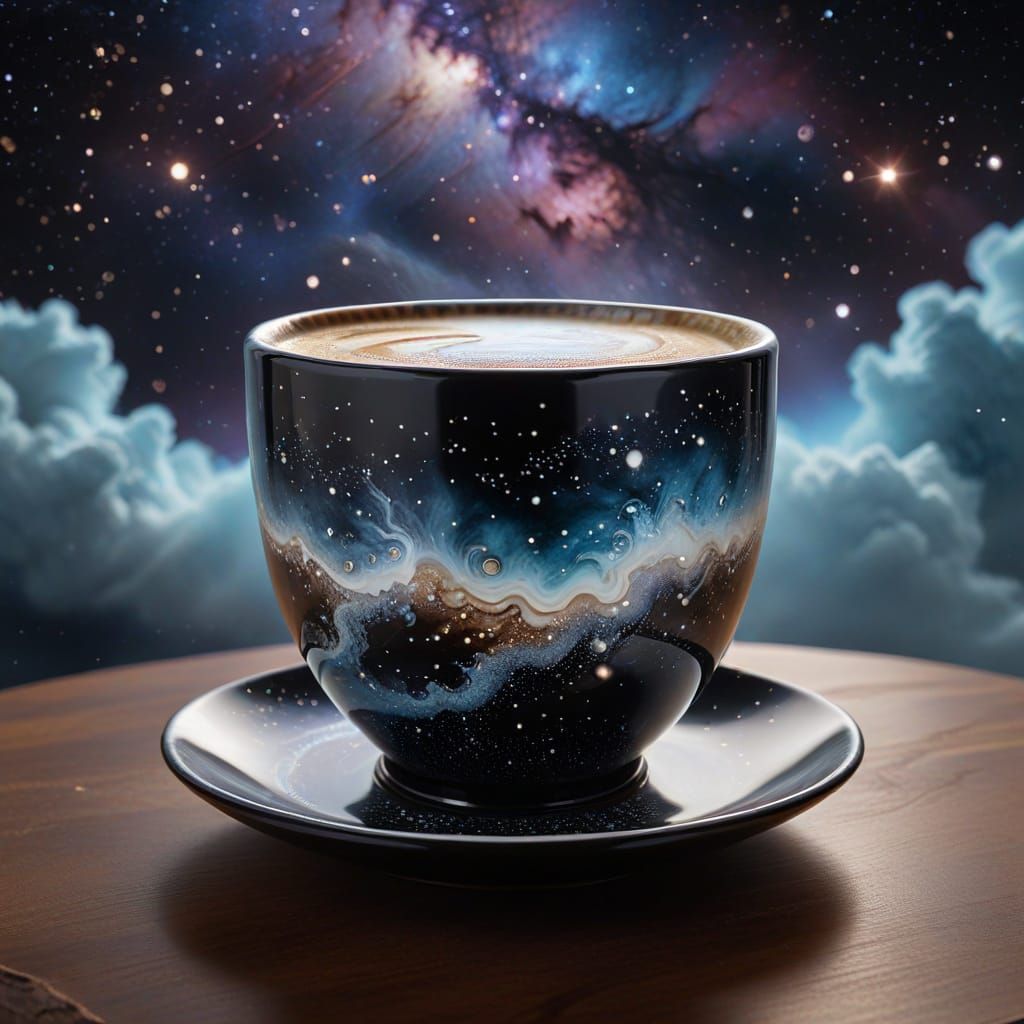Obsidian Coffee Cup Overlooking Nebula in Hyperrealistic Sty...