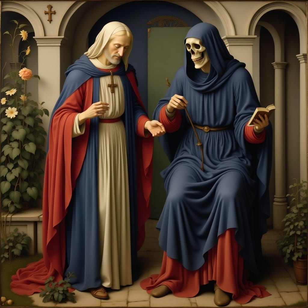 Jesus and the Grim Reaper in Medieval Style