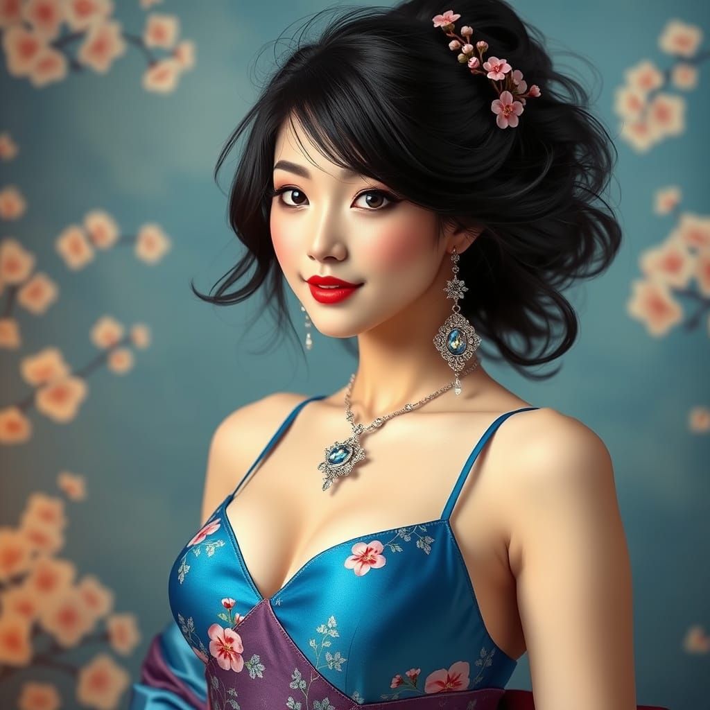 Serene Japanese Beauty in Vibrant Blue Silk Bra Top with Che...