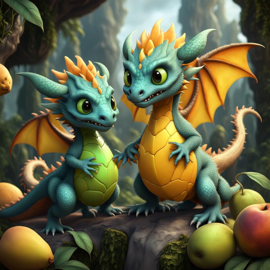 Kiwi and Mango Dragons: Detailed Fantasy Art