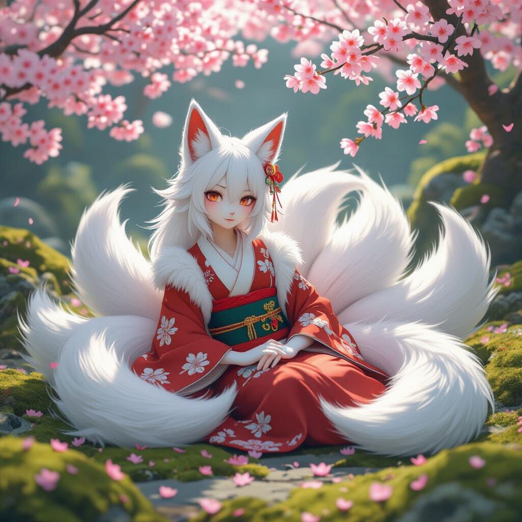 Majestic Kitsune in 3D Anime Style with Cherry Blossoms