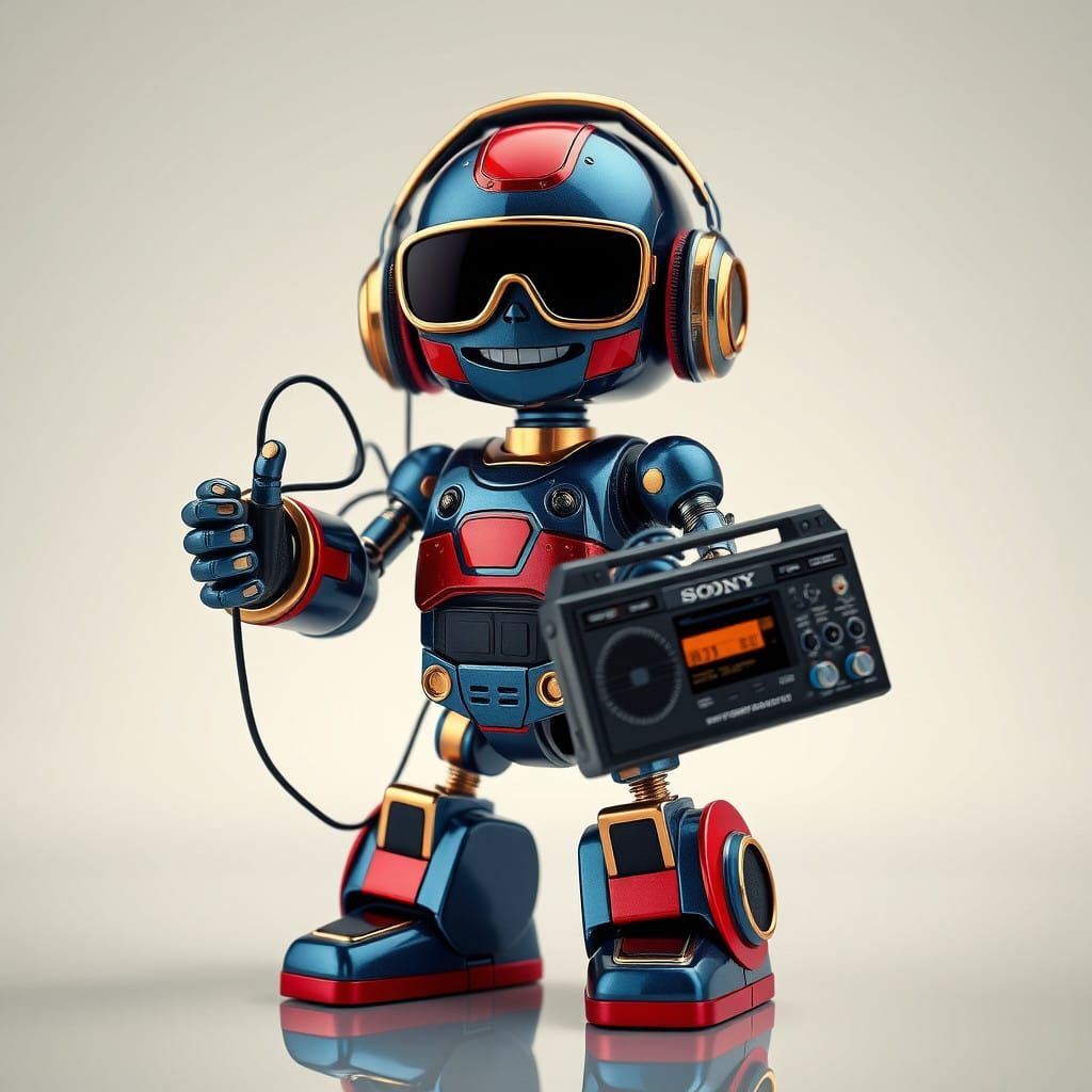 Happy Futuristic Robot Toy in Vibrant Blue Red Gold with Hea...