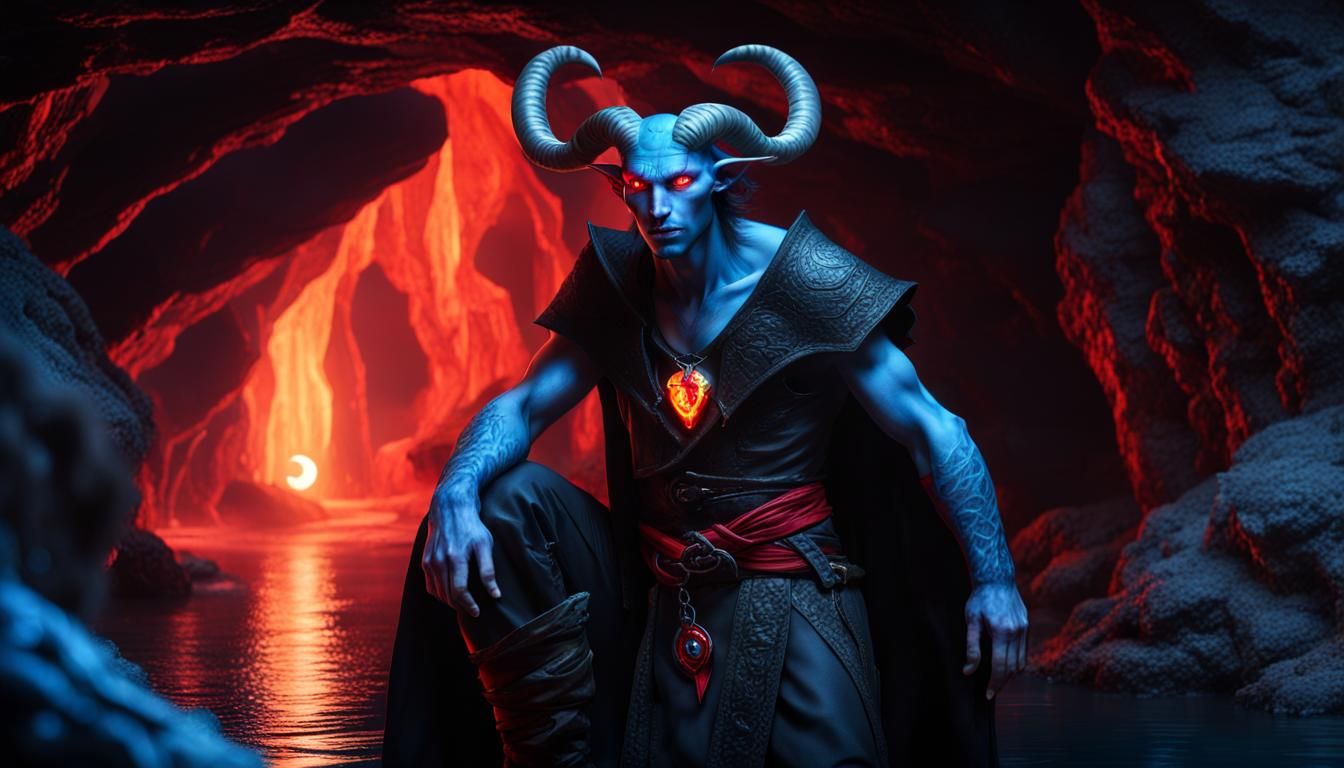 Full body Wide shot of a Photorealistic, hyper realistic tiefling male. He has light blue scaly skin and yellow eyes. He...