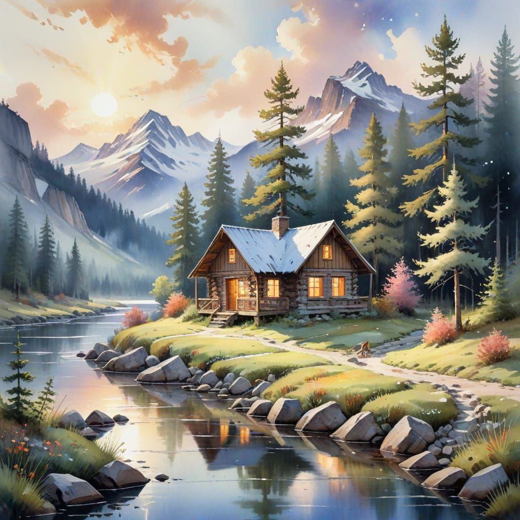 Serene Mountain Retreat in Watercolour