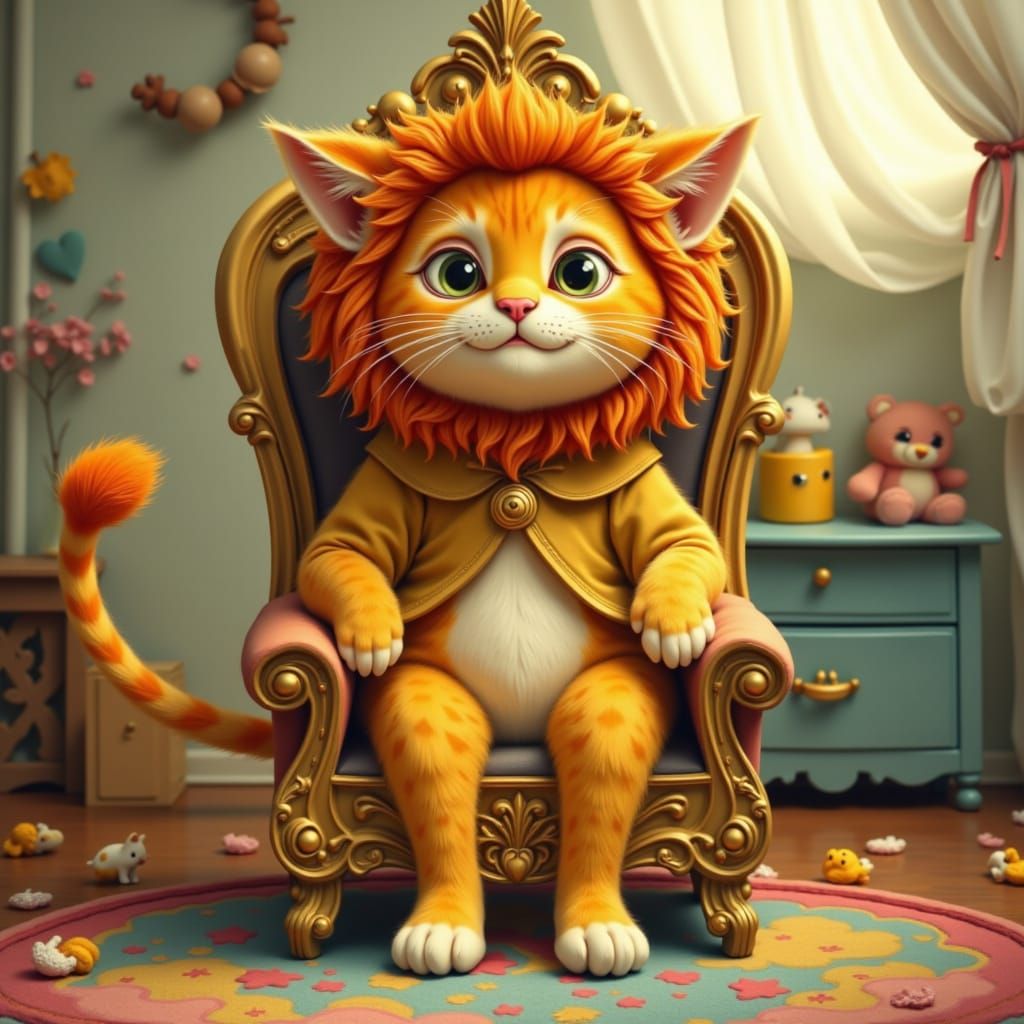 Fluffy Cat in Lion Costume on Throne