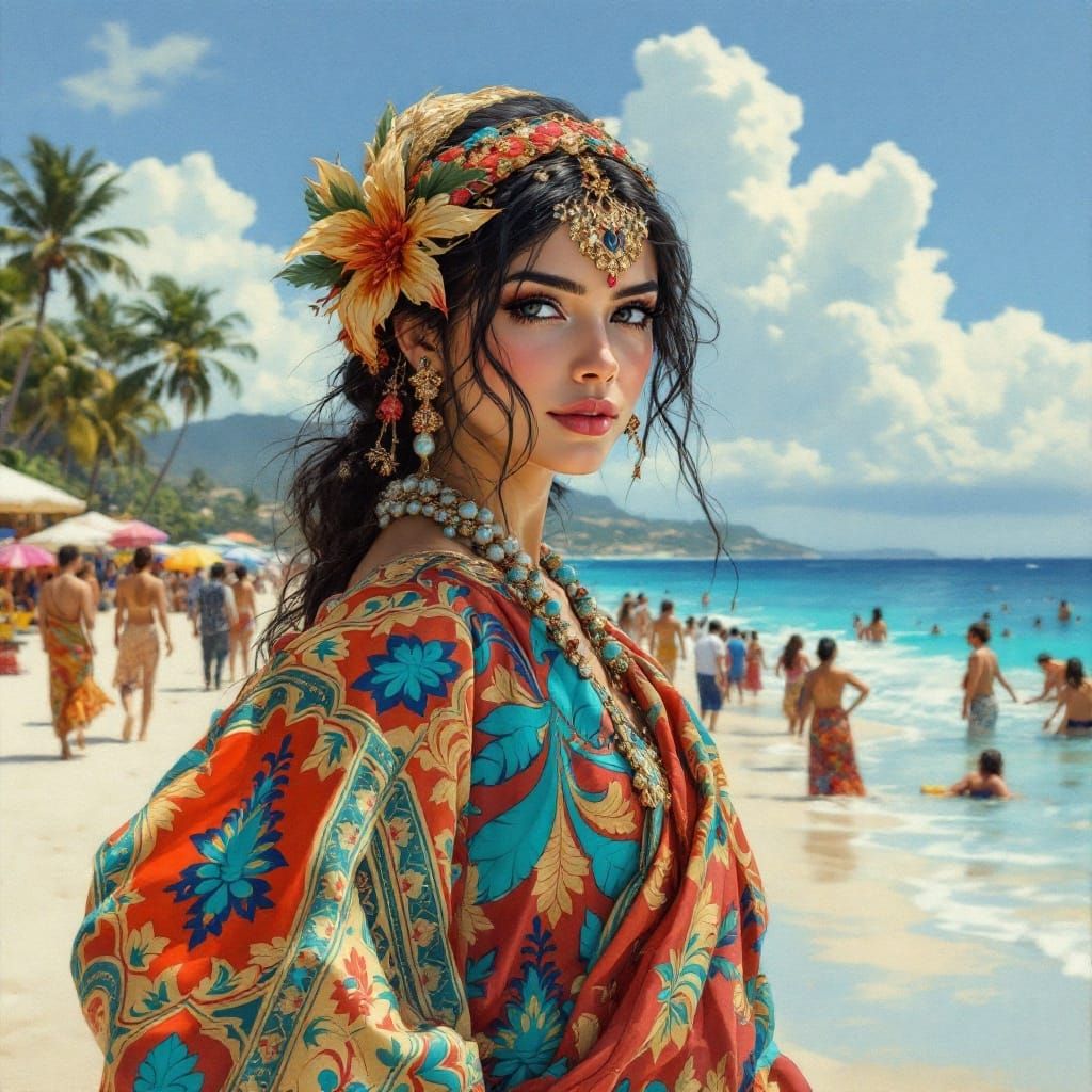 Ottoman-Inspired Woman on a Bustling Beach