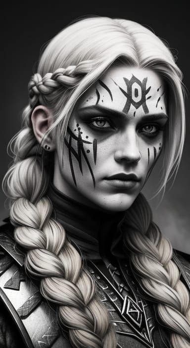 Viking Warrior Woman in Monochromatic Illustration