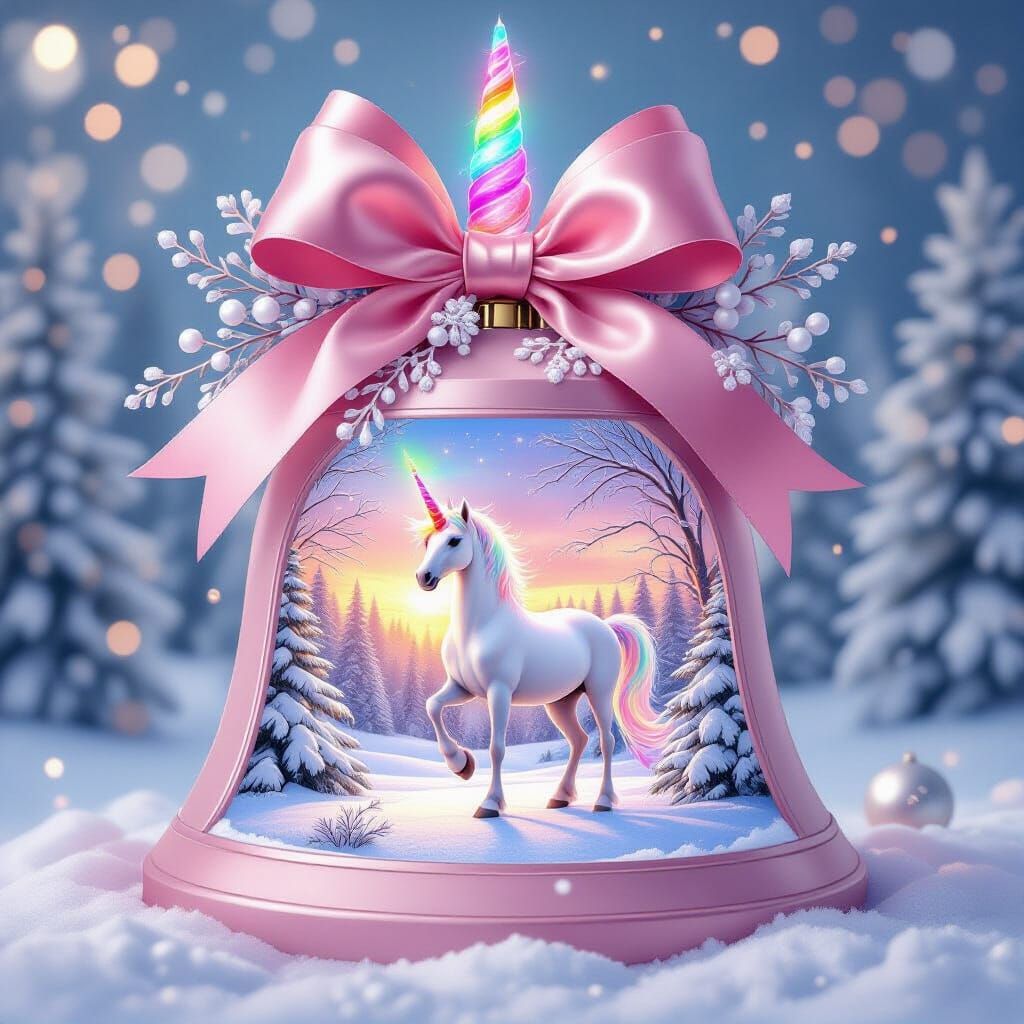 Pink Christmas Bell with Unicorn in Snowy Landscape