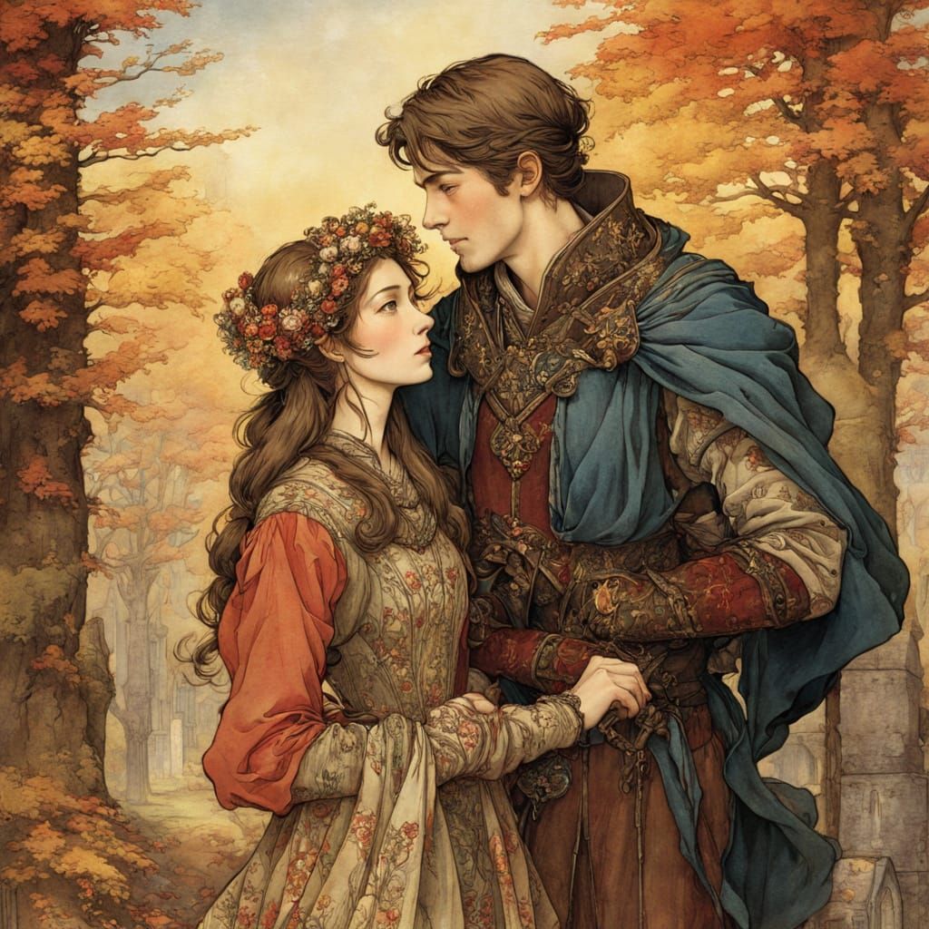 Cheerful Medieval Couple in Autumn Anime Style