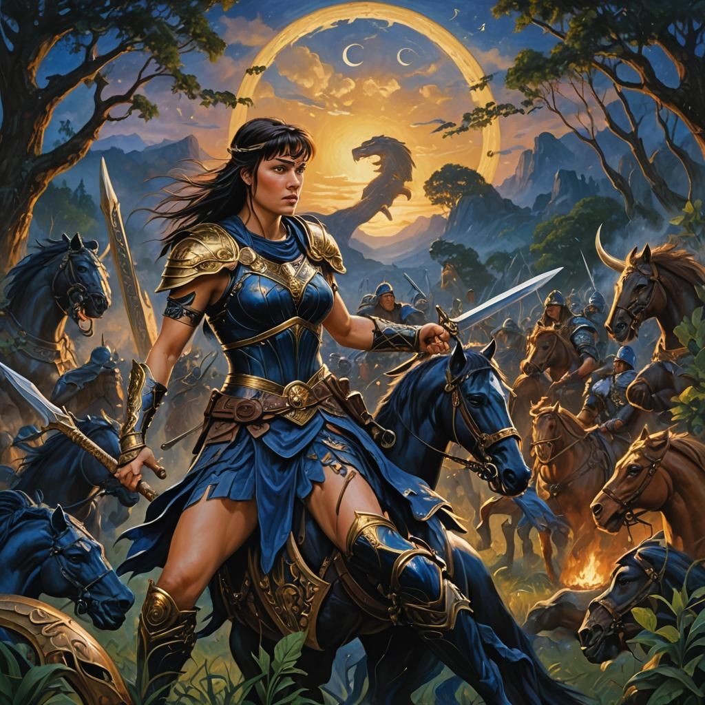 Xena in Mystical Battle, Realistic Oil Painting