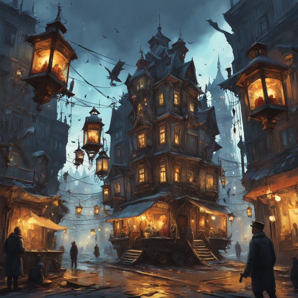 Dieselpunk City Street with Ornate Birdcages and Candles