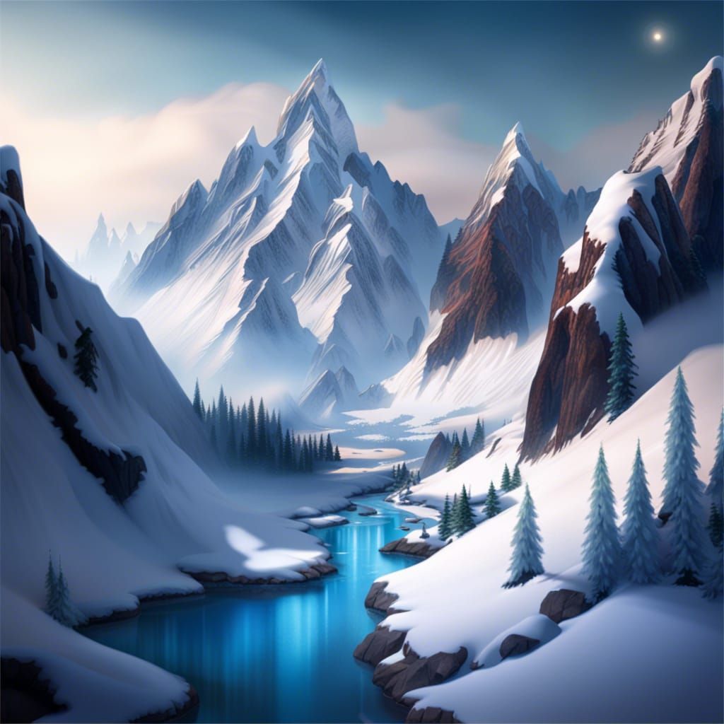 Snow-Capped Mountains with Frozen Waterfalls