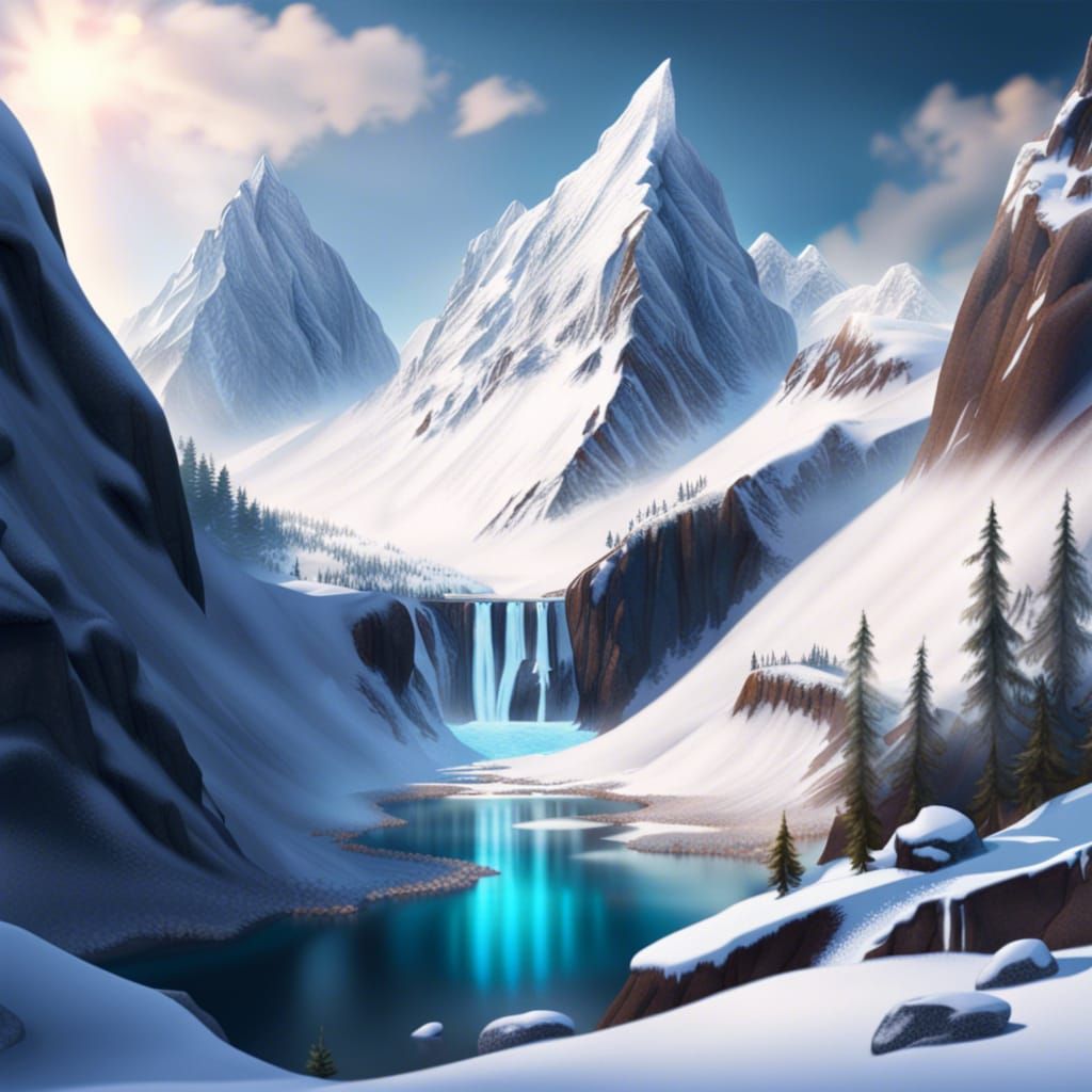 Snow-Capped Mountains and Frozen Waterfalls Landscape
