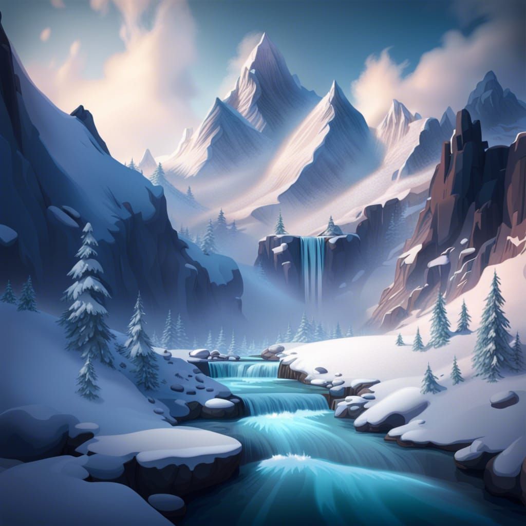 Snow-Capped Mountains with Frozen Waterfalls