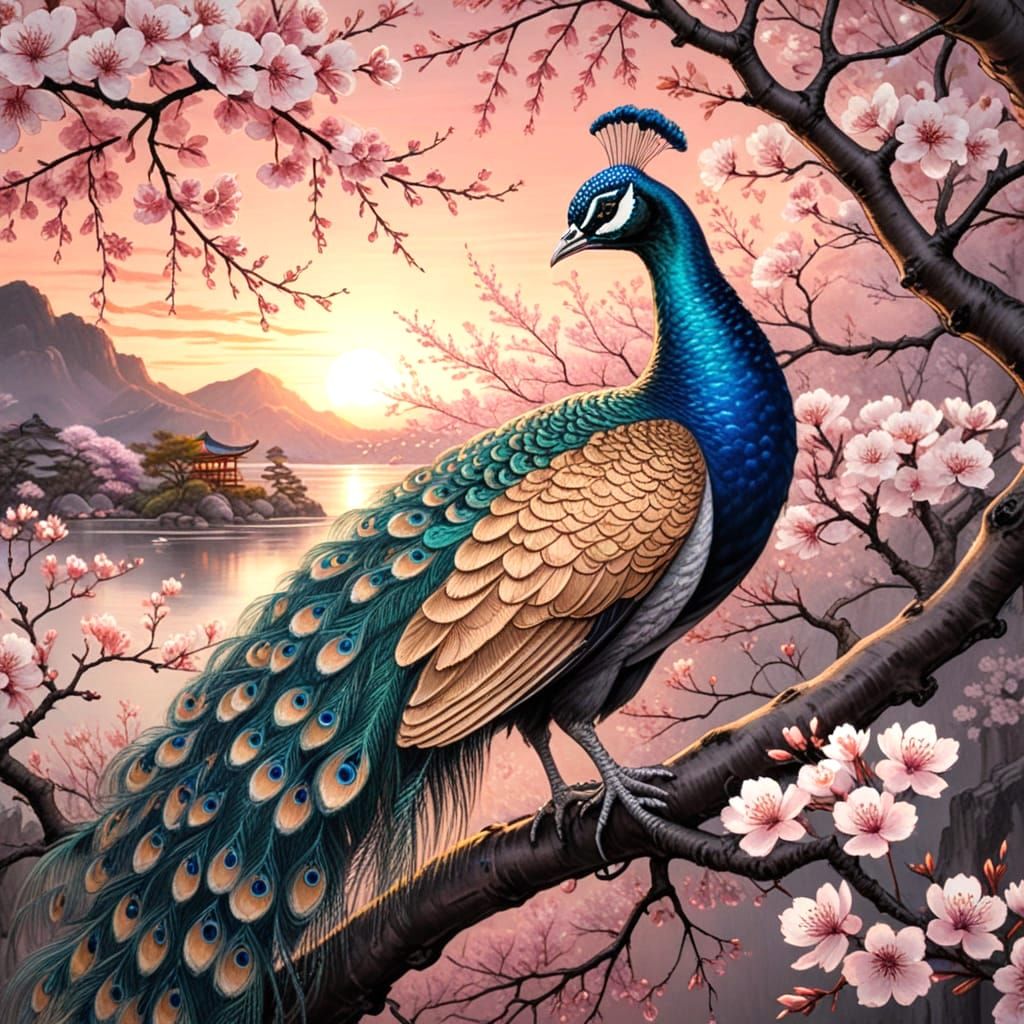 Peacock in Japanese Cherry Blossom Garden: Charcoal Art