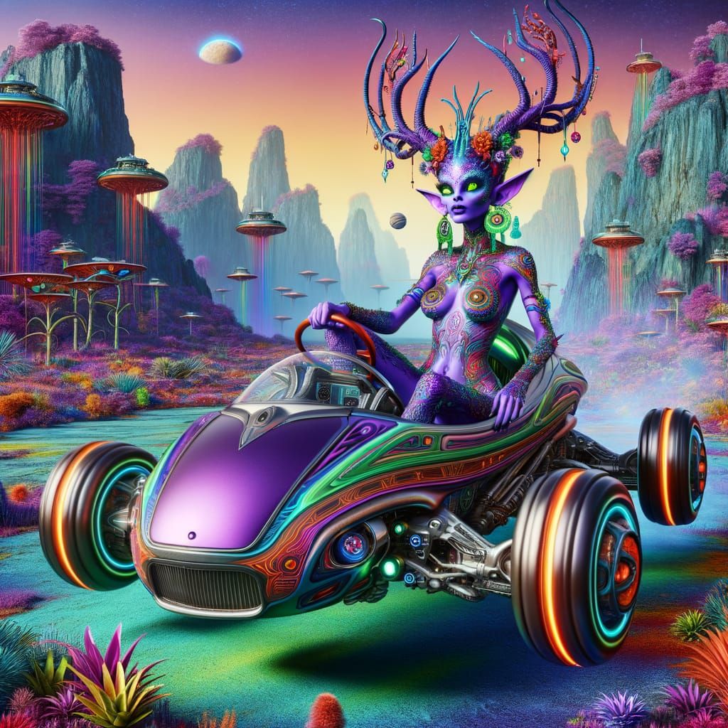 Alien Queen Drives Convertible Through Sci-Fi Landscape