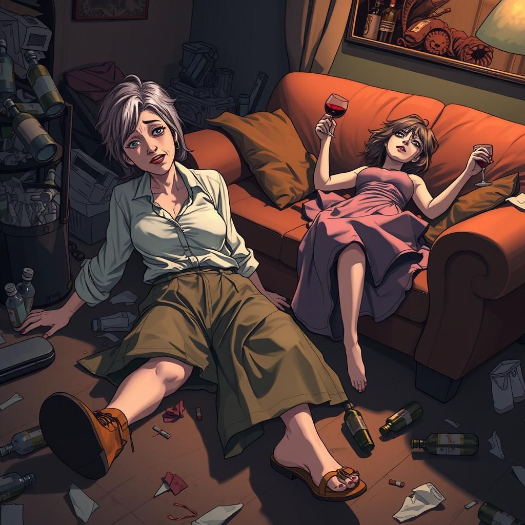Cartoon Drunk Ladies in Chaotic Living Room: 3D Anime Art