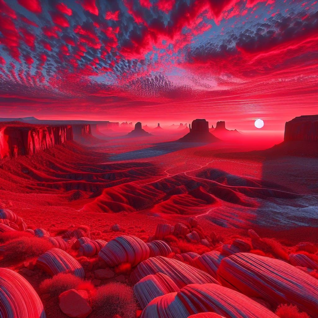 Red Sunrise Over Desert Landscape, Photorealistic Digital Ar...