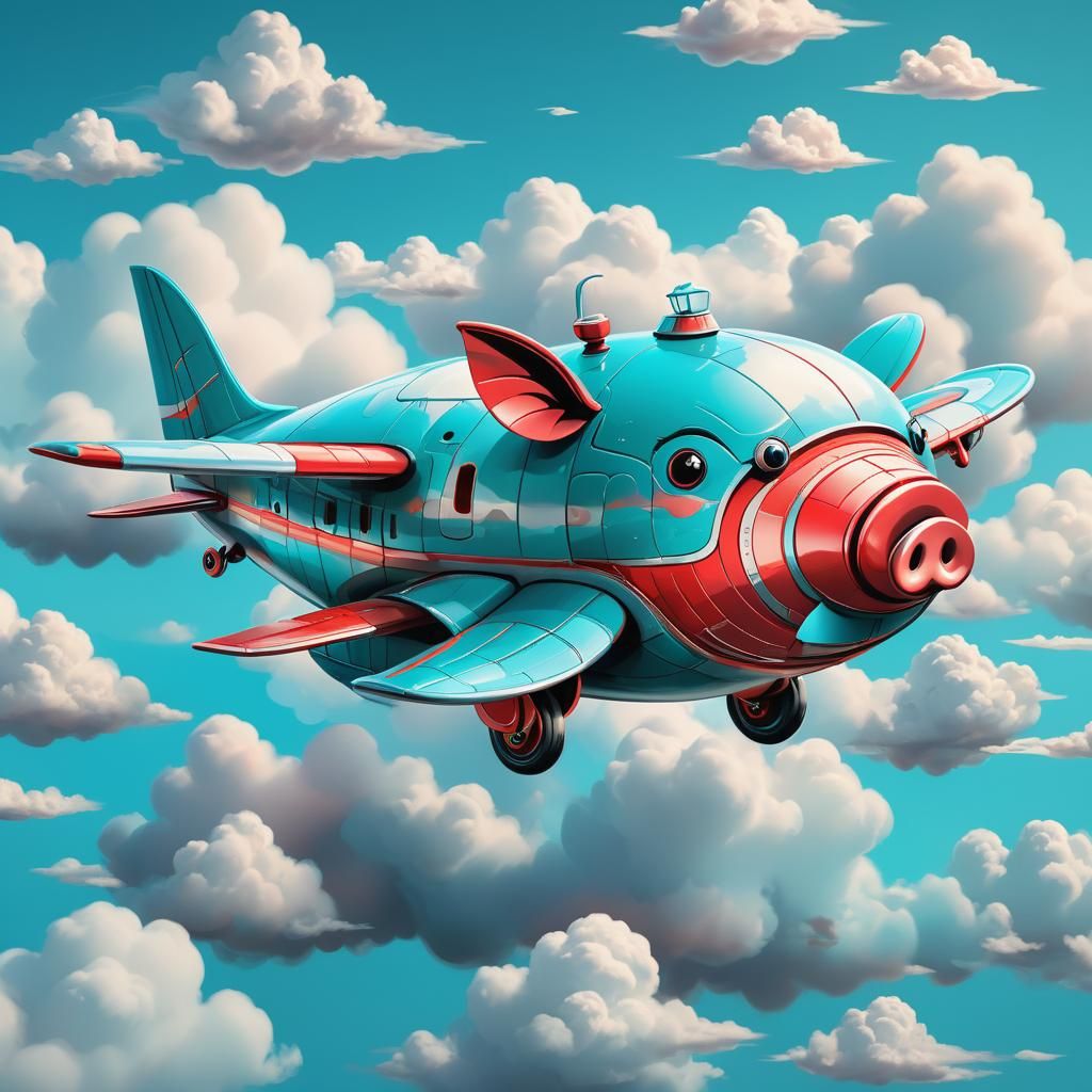 Pig Airplane Soaring Through Clouds: Fantasy Art