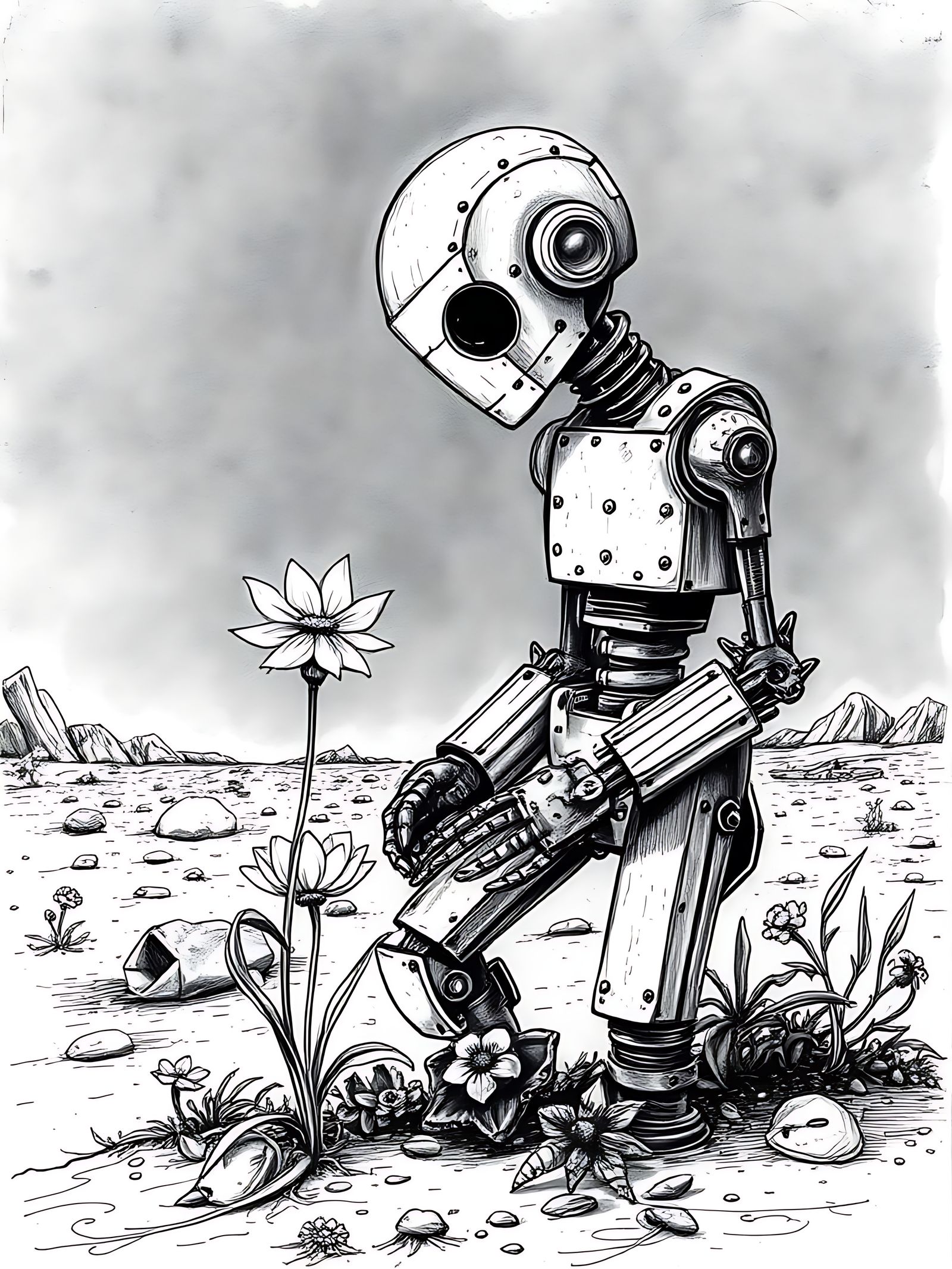 A lone, weathered robot tends to a single, vibrant flower in...