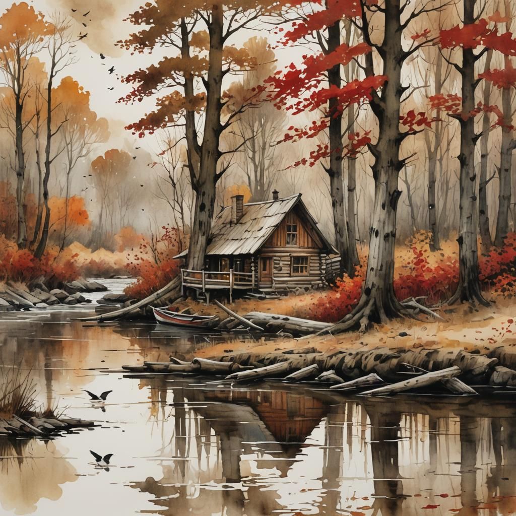 A cabin in the autumn woods
