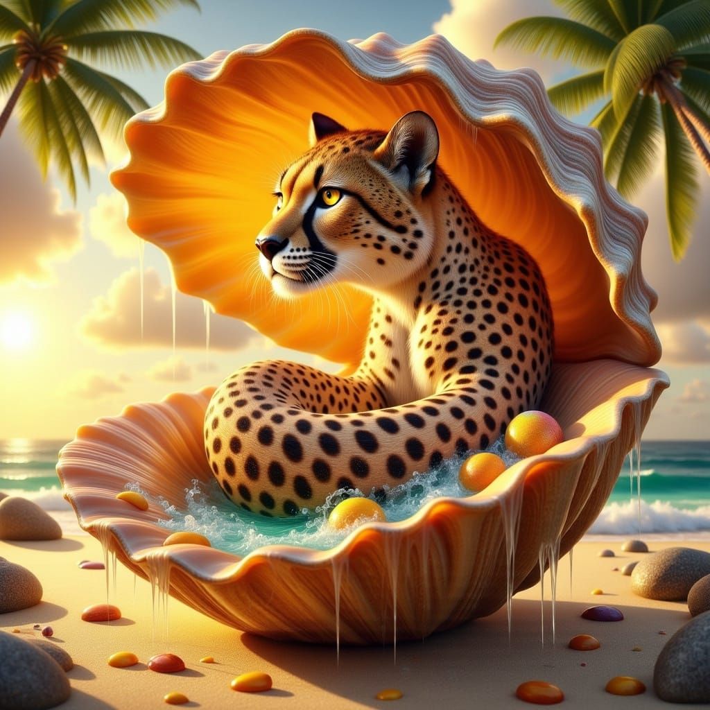 Cheetah Unfolds from Vibrant Seashell in Tropical Paradise