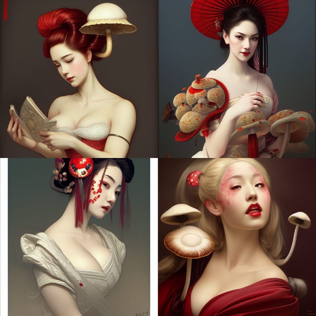 Mushroom Geisha Portrait in Hyperdetailed Style