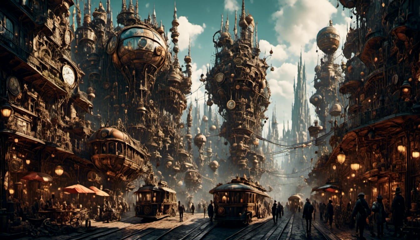 futuristic steampunk cityscape with a post apocalyptic dysto...