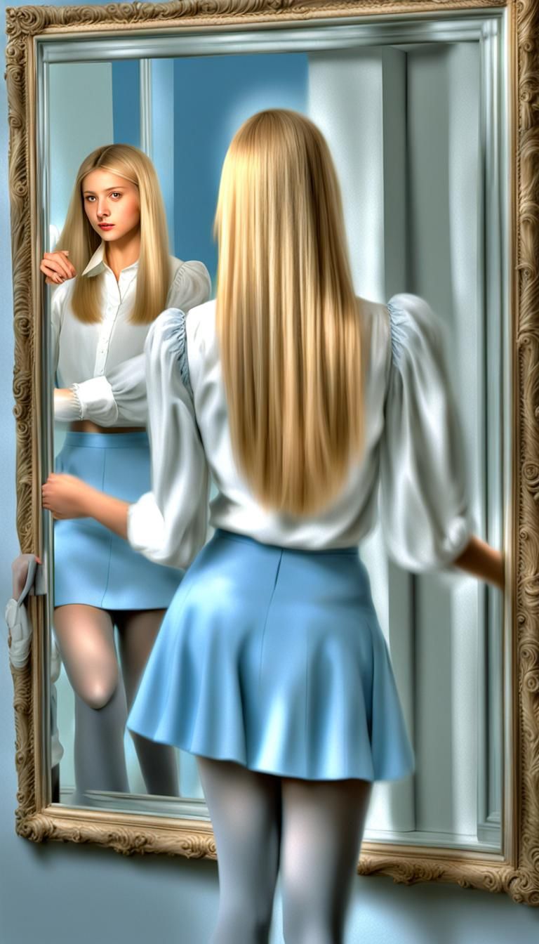 Blonde Woman Brushing Hair in Mirror, Hyperrealistic Portrai...