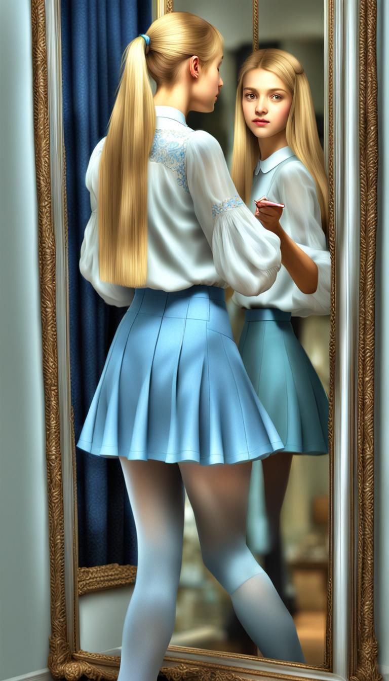 Blonde Woman Brushing Hair in Mirror, Hyperrealistic Portrai...