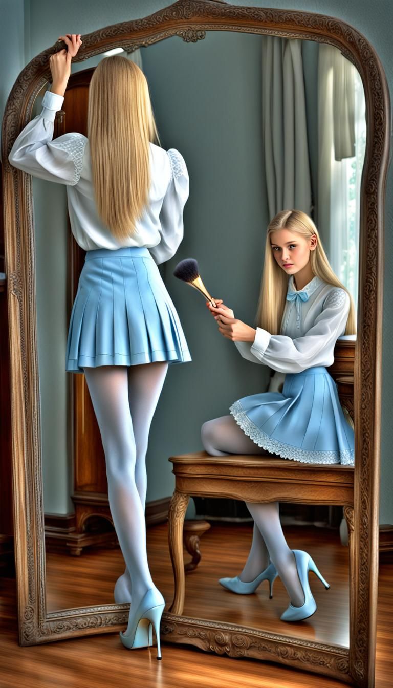 Blonde Woman Brushing Hair in Mirror, Hyperrealistic Portrai...