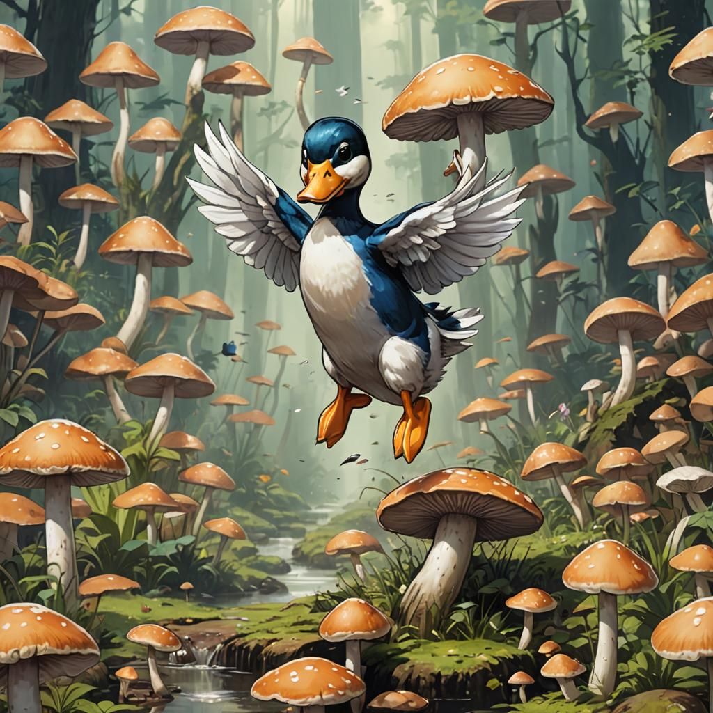 Duck Jumping on Mushroom in Anime Style