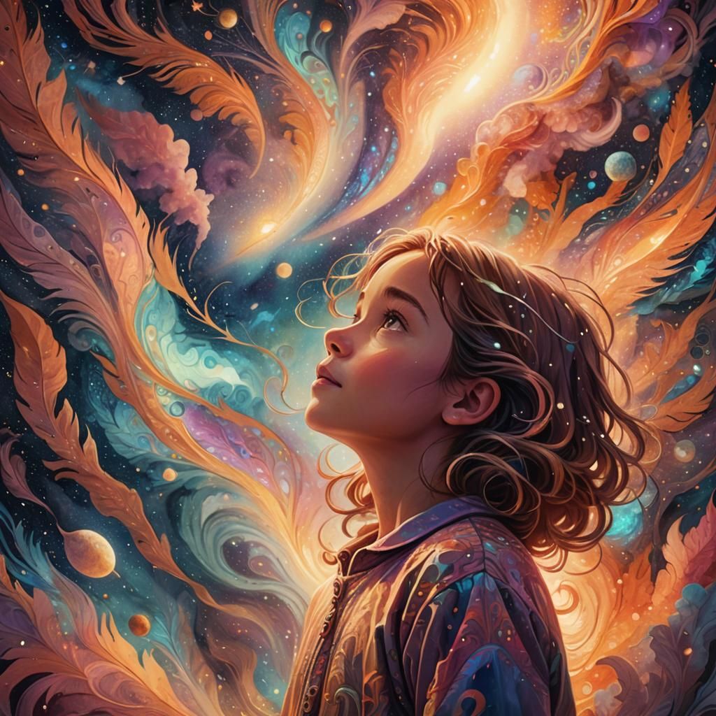 Dreamy Cosmic Art: Girl Gazing at Father