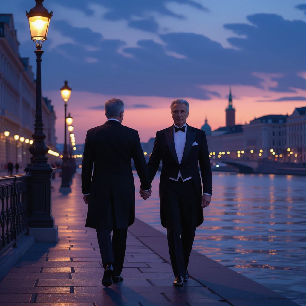 Elegant Tuxedo Couple Stroll by River at Dusk
