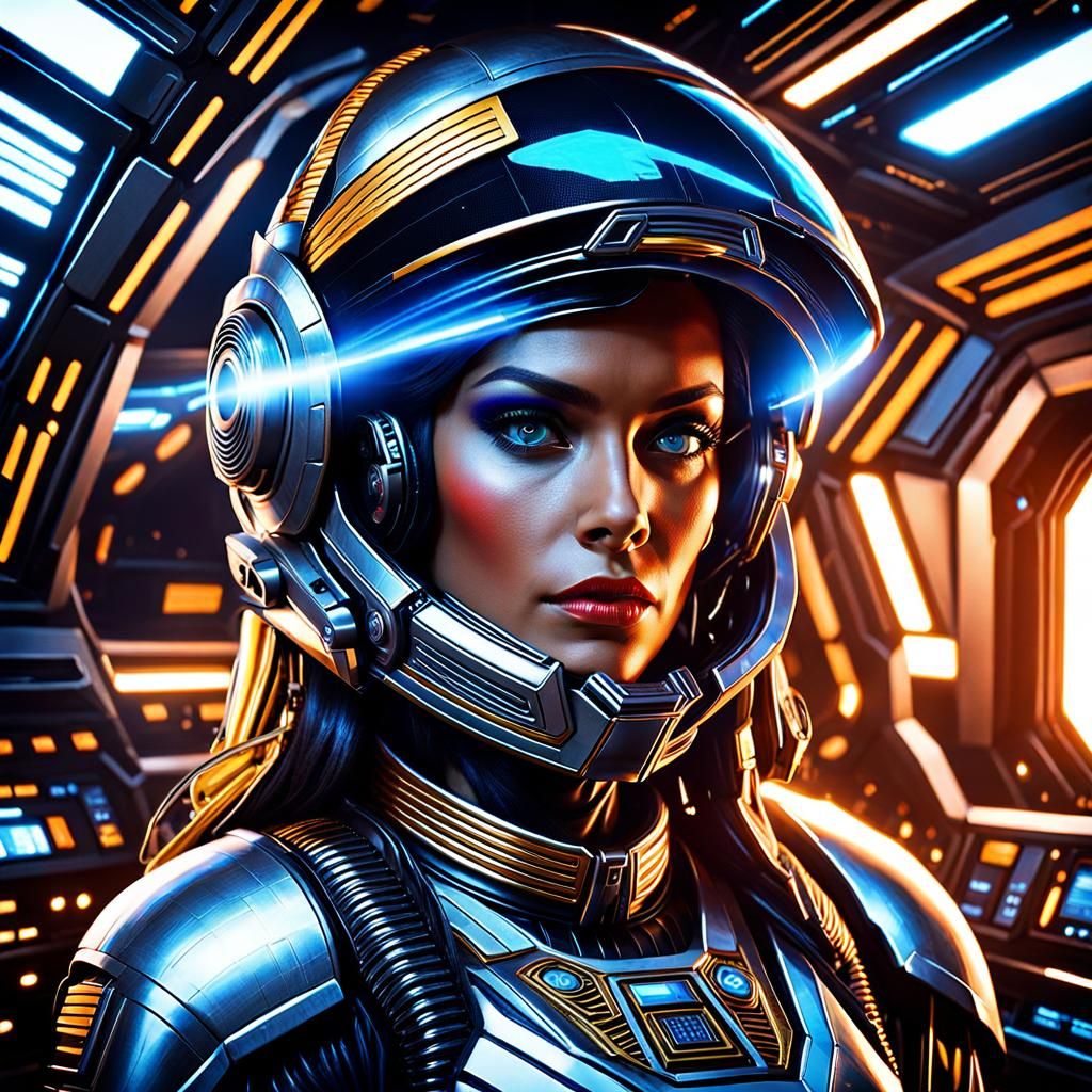 Woman in Cyberpunk Helmet Inside Spaceship