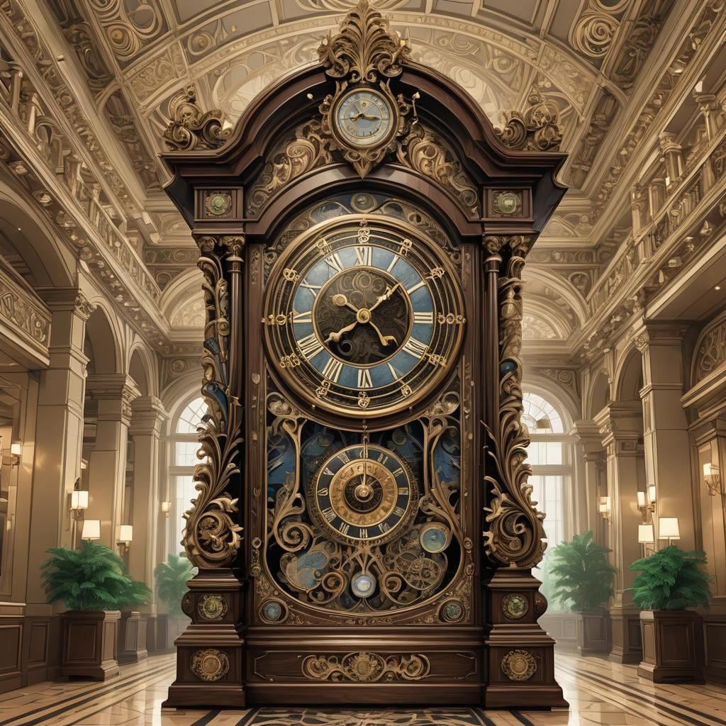 Grandfather Clock in Elegant Lobby: Abstract Vector Fractal